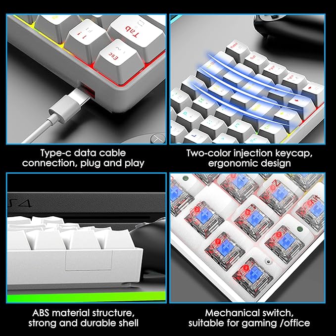 65% Wired Gaming Mechanical Keyboard and Mouse Combo Mini 68 Keys RGB Backlight Lightweight RGB Optical MouseMouse Pad Compatible with PS4XboxPCLaptopMAC (White/Blue Switch)