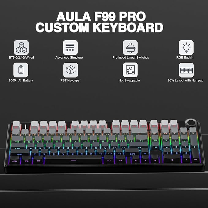 Aula F99 Pro Wireless Mechanical Keyboard with KnobTri-Mode BT5.0/USB-C/2.4GHz Hot Swappable KeyboardRGB Backlit PBT Keycaps Computer Gaming Keyboards (Renewed)
