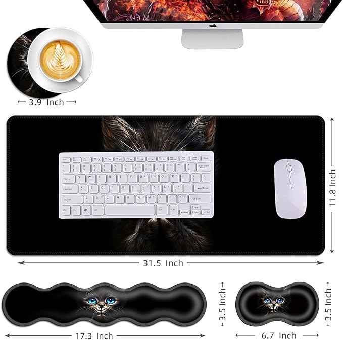 Mouse PadLarge Desk Mat Set 4in1 XL Mousepad + Keyboard Wrist Rest+Mouse Wrist Rest+Coaster with Ergonomic Desk Pad for Home Office Table Computer Cover -Kitten with Bright Blue Eyes