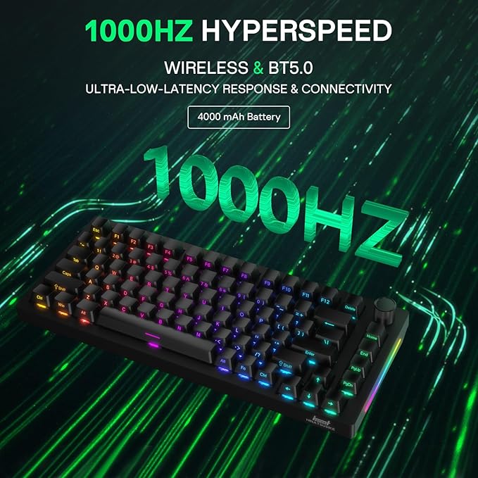 HINATSUSIKE H83 Pro 75 Percent Wireless Mechanical Keyboard for Gaming Hot-Swappable with Knob RGB Backlit Pre-Lubed Cardamom Linear Switches Side-Printed PBT Keycaps 2.4G/BT5.0/USB-C Black