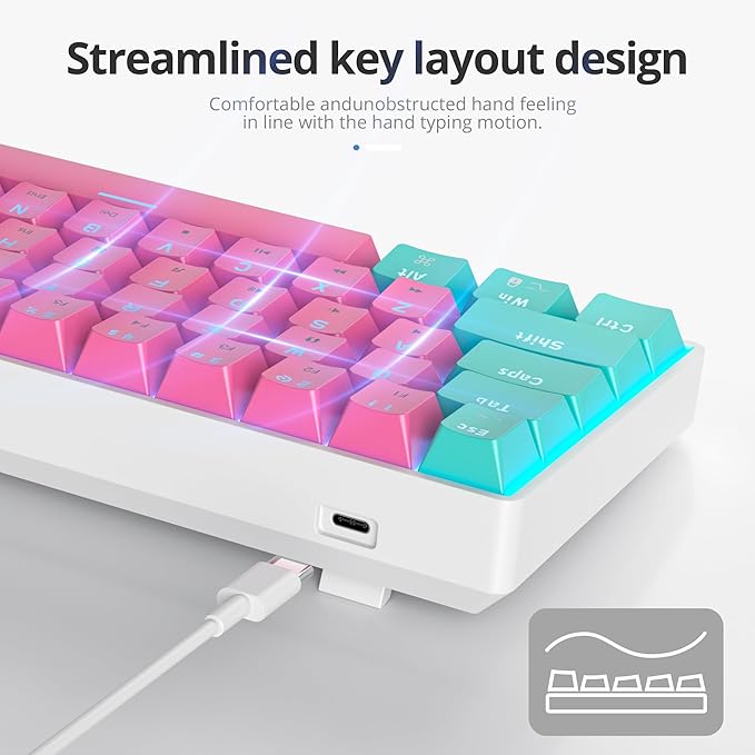 surmen 60% Percent Gaming Keyboard Mechanical with Linear Red Switch 61-Keys Pink Mini Gaming Keyboard LED Light Backlit PBT Keycaps for Laptop Desktop PC Gamers (61Miami)