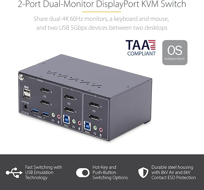 StarTech.com 2-Port Dual-Monitor DisplayPort KVM Switch 4K 60Hz 2X USB 5Gbps Hub Ports 2X USB 2.0 HID Ports Hotkey and Push-Button Switching TAA Compliant (P2DD46A2-KVM-SWITCH)