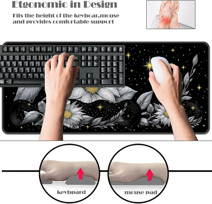 Ergonomic Keyboard Wrist Rest &amp Mouse Pad Wrist Rest SetXL Gaming Desk Mat 31.5x 11.8Non-Slip BaseMemory FoamEasy Typing Pain Relief for Office &amp HomeGlowing Flower