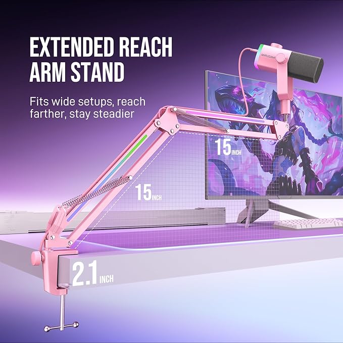 FIFINE XLR/USB Gaming Microphone Kit with Boom Arm Stand RGB Streaming Mic for Computer Compatible with PC/PS4/PS5 Podcast Mic Set with Headphone Jack Volume Knob Mute-AmpliGame AM8PROT Pink