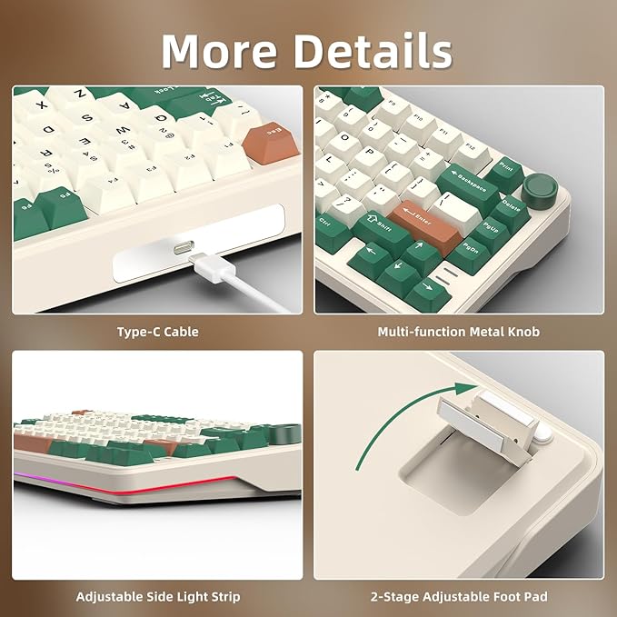 75% Retro Green Wired Hot Swappable Mechanical Keyboard with Metal Knob | Mount Gasket | Programmable RGB Backlit &amp Adjustable Side Light (KTT Brown Switch)