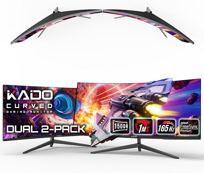 Kado Dual Gaming Monitor Setup - 2-Pack 34 Curved 1500R 21:9 Ultrawide 3440x1440 165Hz 1ms WQHD Computer Monitor Stacked Setup AMD FreeSync Premium VESA Mount HDMI DisplayPort Built-in Speakers