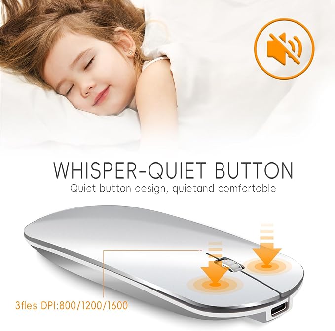 Bluetooth Mouse Slim Mini Portable Flat Travel Wireless Mouse Rechargeable t Ultra Thin Mice Quie Compatible with Laptop PC Notebook Tablet (Silver)