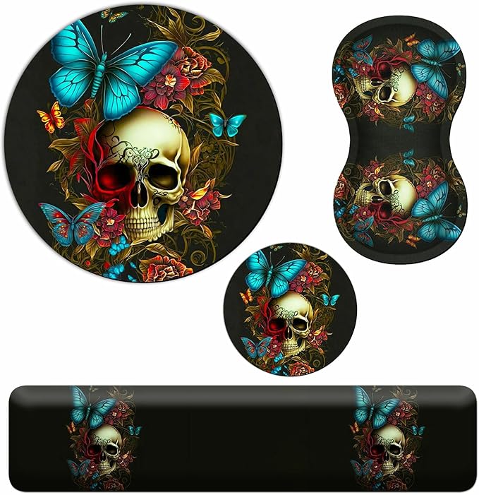 Mouse Pad with Wrist Rest + Keyboard Wrist Rest + Gaming Mouse Pad + Coasters Ergonomic Memory Foam Wrist Pad Set with Easy Typing &amp Pain Relief for Computer Laptop Office &amp HomeBlue Butterfl