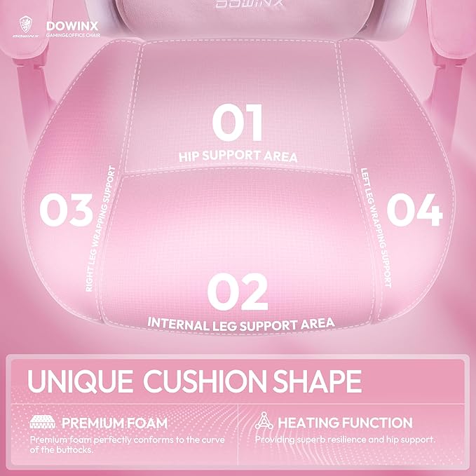 Dowinx Fabric Gaming Chair with Heated Massage Lumbar Support Gaming Chairs for Adults Big and Tall Gamer Chair with Pocket Spring Cushion and Footrest Ergonomic Recliner Computer Chair Pink