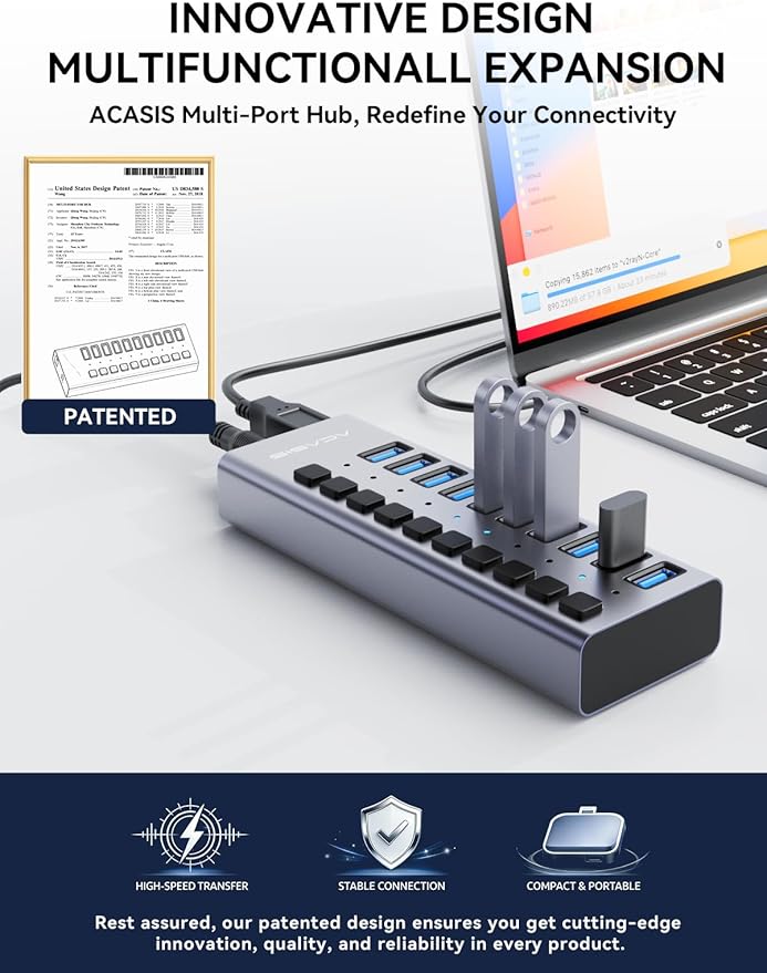 Powered USB 3.2 Hub ACASIS 10 Ports USB 3.2 Hub with 10Gbps Data Speed Aluminum Housing USB Hub Powered with 48W Power Adapter USB Hub for PC/Laptop Computer Flash Drive Printer Camera