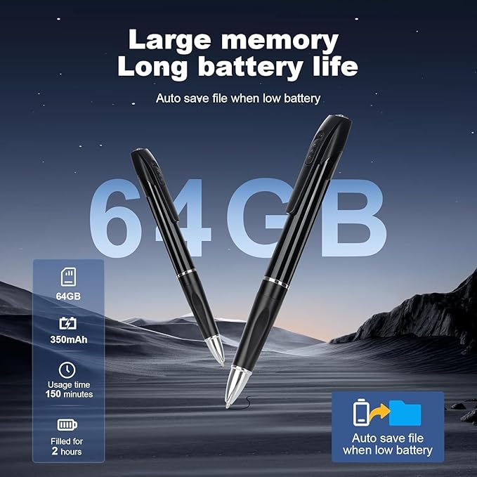 Mini Camera Pen 1080P HD Security Camera 64GB Storage 150 Mins Use USB Charging Pocket Cam 5 Refills