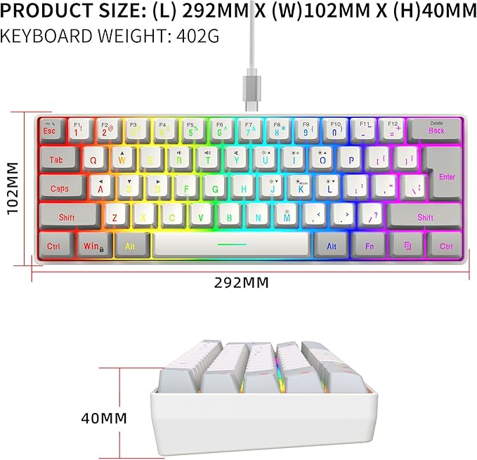Snpurdiri 60% Wired Gaming Keyboard 61 Keys RGB Backlit Small Gaming Keyboard for PC/Mac Gamer Typist Travel Easy to Carry on Business Trip(Grey-White)