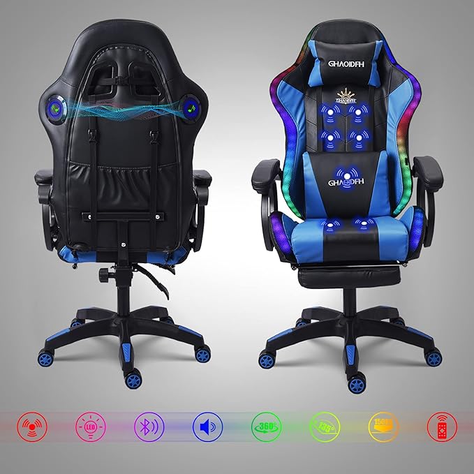 Massage Gaming Chair with Speakers and LED Light Ergonomic Computer Gaming Chair with Footrest and Adjustable Lumbar Support PU Leather 90°-135° Racing Video Gaming Chair.White