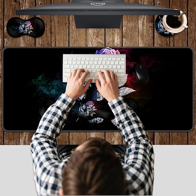 Ergonomic Keyboard Wrist Rest &amp Mouse Pad Wrist Rest SetXL Gaming Desk Mat 31.5x 11.8Non-Slip BaseMemory FoamEasy Typing Pain Relief for Office &amp HomeTiger Skull Dual Face