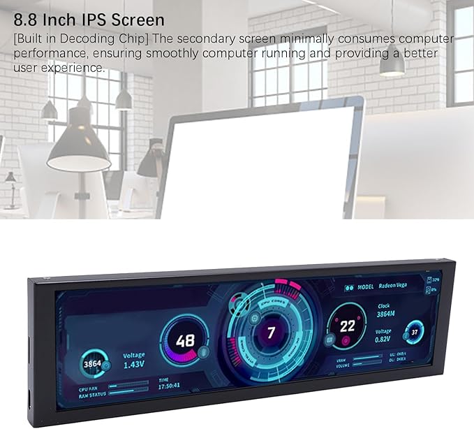Zunate 8.8 Inch Computer Secondary Display 1920x480 Mini PC Monitor with Type C PH Interface Aluminum Alloy Housing Auto Play Rotation Low Power Use