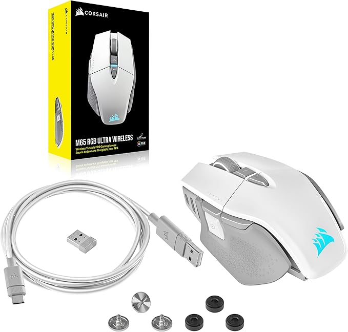 Corsair M65 RGB Ultra Wireless Tunable FPS Wireless Gaming Mouse - Sub-1ms Slipstream Wireless Technology 26000 DPI Optical Sensor Up to 120 Hours of Battery Life 8 Programmable Buttons - White