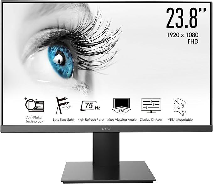 msi Pro MP241X 24” Monitor Full HD 1080p 75Hz Refresh Rate Anti-Glare Display Less Blue Light VESA Mountable HDMI and VGA Black
