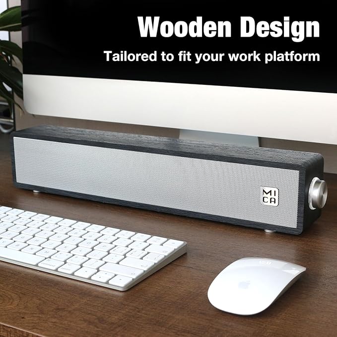 MICA Computer Speakers Vintage Wired Computer Sound Bar Retro Wooden Mini Soundbar 3.5mm Aux Connection USB Powered PC Speakers for Desktop Monitor Laptop Tablets (Black)