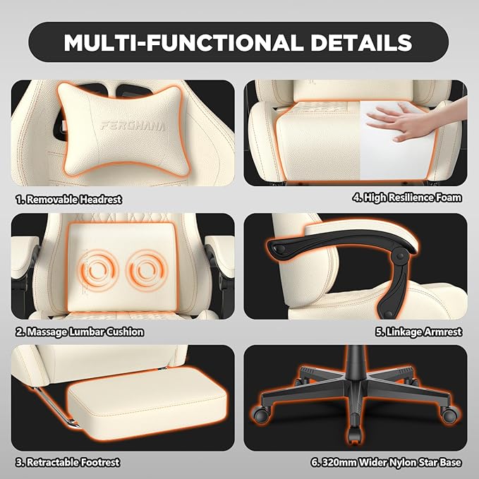 Ferghana Vintage PU Leather Gaming Chair Ergonomic Gamer Chair with Massage High Back Computer Office Chair with Footrest for Adults Racing Style Reclining Video Game Chair (Beige)