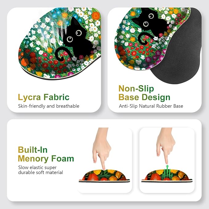 Large Gaming Mouse Pad Set 4 in1 Ergonomics Keyboard Desk Mat w/Memory Foam Wrist Rest Computer Extended Game Mousepad Non-Slip Desk Matt Easy Typing Pain Relief I Multicolored Flower Cat