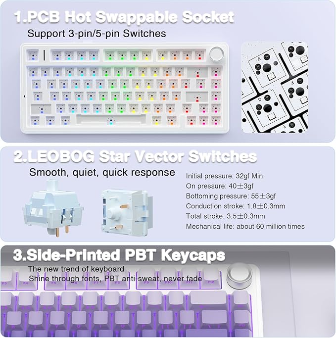 AULA F75 Pro Wireless Mechanical Keyboard75% Hot Swappable Custom KeyboardRGB BacklitPre-lubed Linear SwitchesSide Printed PBT Keycaps Mechanical Gaming KeyboardsGradient Purple