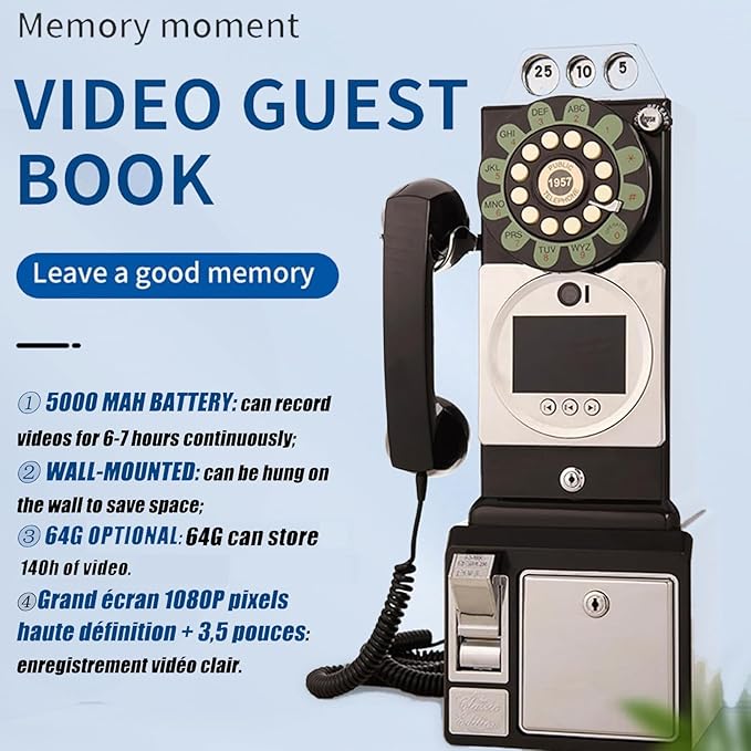1080P Video Audio GuestBook Wedding Phone 64G SD Card Customized Video Audio Guest Book Alternatives with Lens Recording for Birthday Party Anniversary Engagement Black