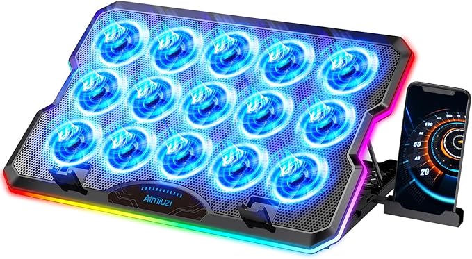 Gaming Laptop Cooling Pad Laptop Cooler with 15 Quiet Fans for 12-17.3 Inch Notebook Slim Portable Laptop Cooling Stand with 7 Height Adjustable 2 USB Ports Phone Stand