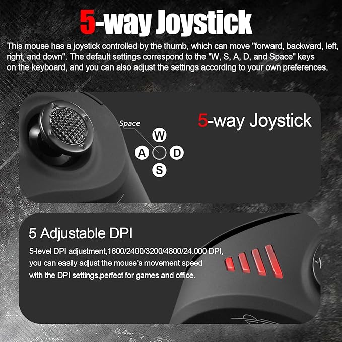 zelotes Bluetooth Wireless Mouse with JoystickRechargeable24.000 DPI11 Programmable ButtonsRGBDual Mode (BT+2.4G USB Receiver)Optical Vertical Ergonomic Gaming Mouse for LaptopPCTablets