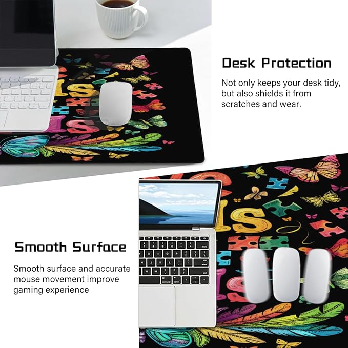 Large Mouse Mat Autism Word Color Computer Mousepad with Non-Slip Rubber Base Waterproof Mouse Pad Desktop Keyboard Pad for GamerHome School Laptop Office Accessories35.4x15.7 in