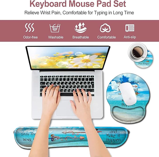 Mouse Pad Square Beach Style Anti-Slip Rubber Mousepad with Durable Stitched Edges for Gaming Office Laptop Computer PC Men Women Kids Stay Positive Work Hard and Blue Sky Ocean Cute Custom Pattern