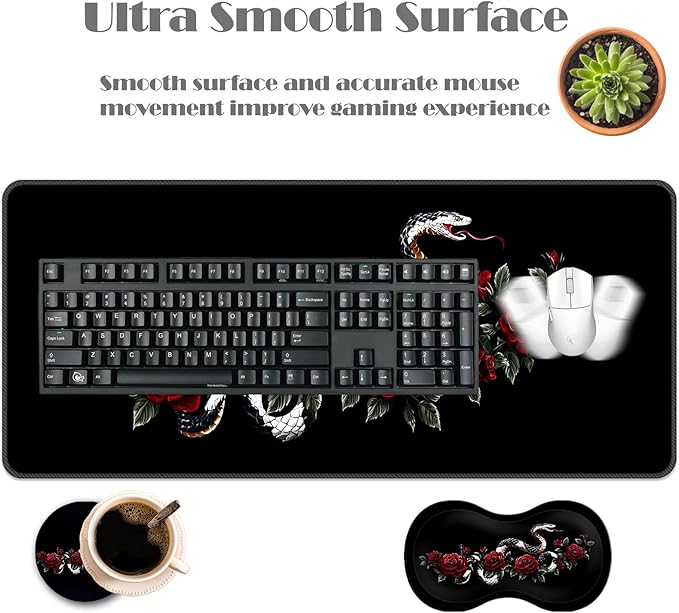 Ergonomic Keyboard Wrist Rest &amp Mouse Pad Wrist Rest SetXL Gaming Desk Mat 31.5x 11.8Non-Slip BaseMemory FoamEasy Typing Pain Relief for Office &amp HomeSnake with Red Roses
