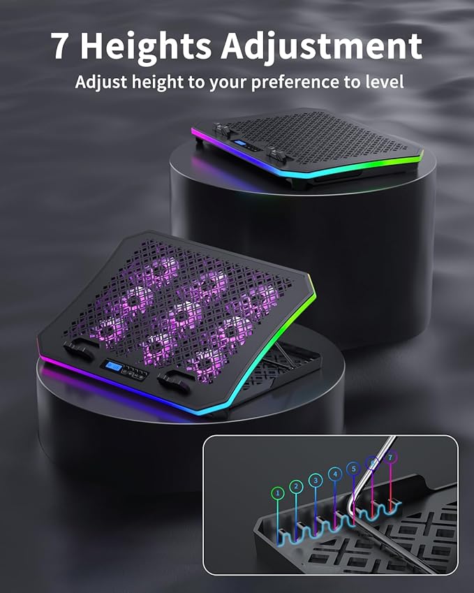 KeiBn Laptop Cooling Pad Gaming Laptop Fan Cooling Pad with 9 Quiet Fans RGB Laptop Cooler for 15.6-17.3 Inch Cooling Pad for Laptop with 7 Height Stands 2 USB Ports Phone Stand-Purple