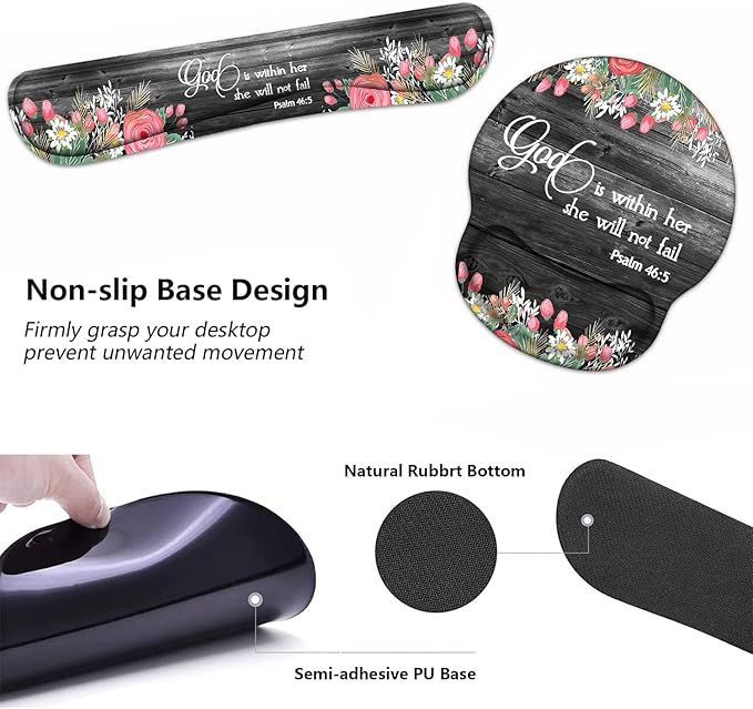 Keyboard Wrist Rest and Mouse Pad Wrist Support Set with Coasters Ergonomic Gaming Mousepad for Home Office Working Studying Easy Typing &amp Pain Relief Floral Quote Bible Verse Psalm 46:5