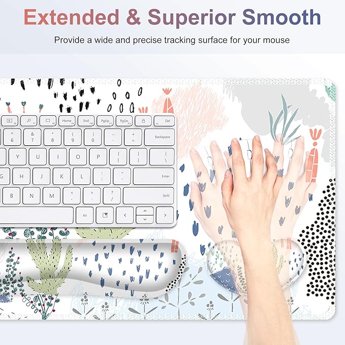 Large Gaming Mouse Pad Set 4 in 1 Extended Keyboard Desk Mat with Wrist Rest PC Computer Game Mousepad Set Non-Slip Desk Pad Protector Easy Typing Pain Relief for Home Office I Cactus Plants