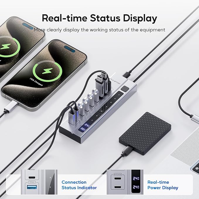 9 in 1 Powered USB C Hub USB 3.2 Data Hub with 65W PD Power Adapter 3 USB-C 10Gbps 4 USB-A 5Gbps 2 24/45W Type-C PD Charging Ports USB Hub