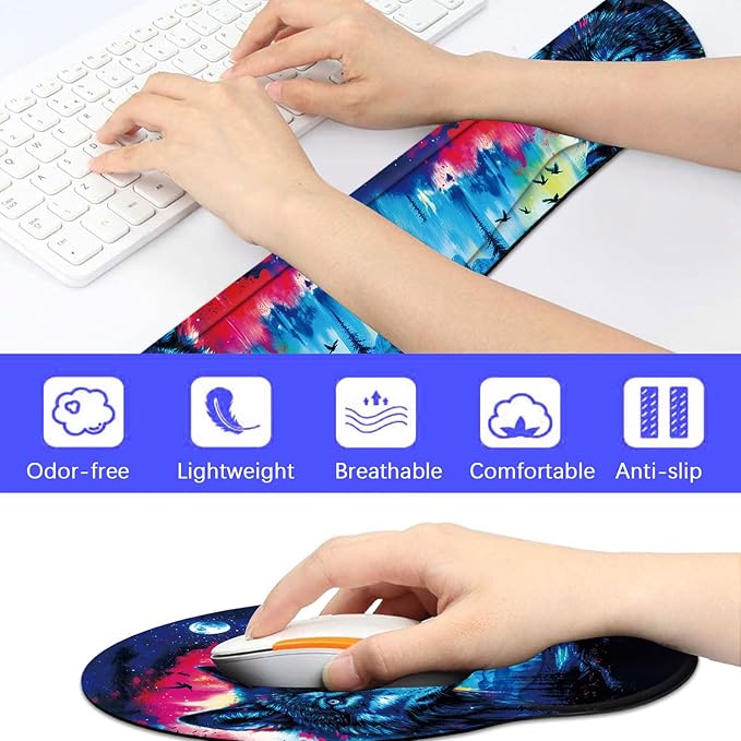 Keyboard Wrist Rest and Mouse Pad Wrist Support Set with CoasterComfortable for Easy TypingPain ReliefMemory Foam Keyboard Pad Set for Laptop MacForest Wolf