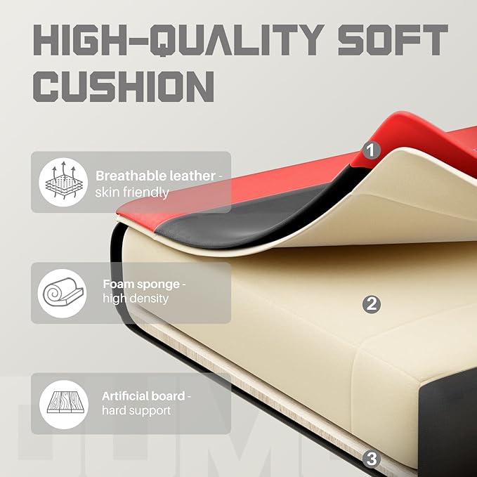 DUMOS Ergonomic Gaming Office Desk Chair with Footrest and Headrest for Adults PU Leather Video Computer Chair with Linkage Armrests Height Adjustable 360° Swivel Recling Chair Black Red