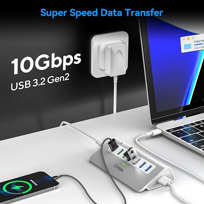 Powered USB Hub 10Gbps 7 Port USB 3.2 Gen 2 Hub with 4 USB 3.2 Data Ports 3 Fast Charging Ports 36W Power Adapter Type A and Type C Cable Aluminum USB Data Hub for Mac PC Laptop