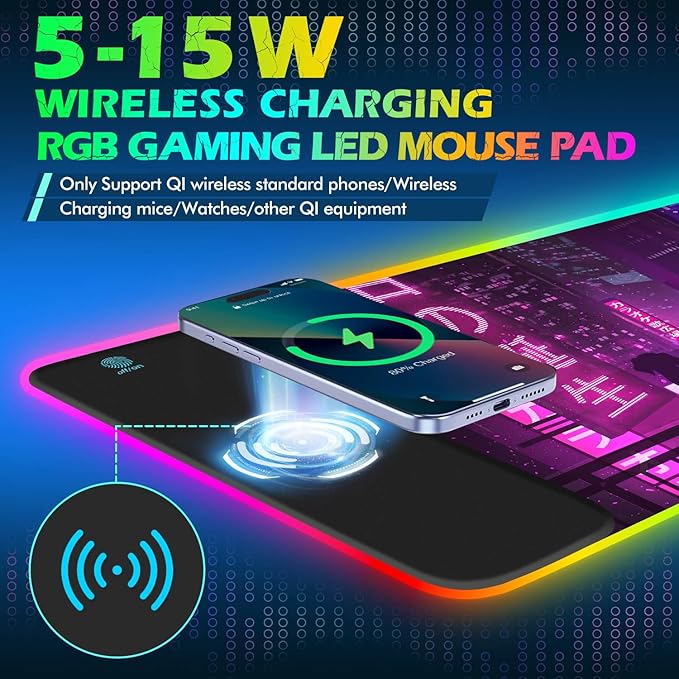 ToLuLu RGB Gaming Wireless Charging Mouse Pad 15W 10 Light Modes LED Mouse Pad Computer Keyboard Mat Mousepad 800x300x4MM Extended Large Desk Mat for Gaming MacBook Laptop PC Neon Purple Sign