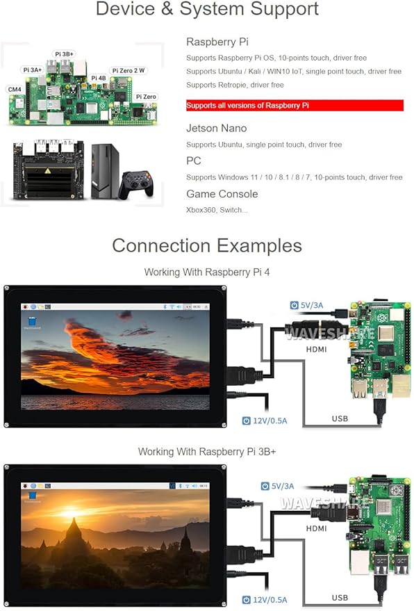 waveshare 10.1inch Capacitive Touch Screen LCD with Case Compatible with Raspberry Raspberry Pi 5/4B/3B/Zero/Zero W/Zero 2W/Pico/Pico W/Pico WH 1024×600 Resolution HDMI Supports Jetson Nano/Windows