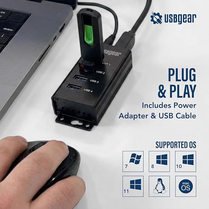 USBGear 4 Port USB Hub 3.2 Gen 1 – Mountable SuperSpeed Data Hub with USB Ports for Laptop PC Desktop and More 5V/2A Power Adapter with Type-A to Type-B Cable (3ft) Computer Accessories