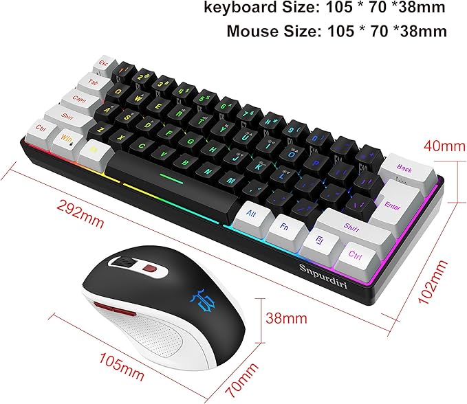 Snpurdiri 2.4G Wireless Gaming Keyboard and Mouse Combo Include Small 60% Merchanical Feel Keyboard Ergonomic Design Mini Wireless Mouse(White and Black)