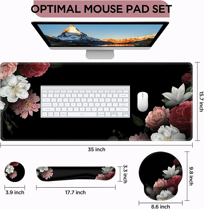 AIMSA Mouse PadLarge Black Desk Mat XXL Mousepad+Keyboard Wrist Rest+Ergonomic Mouse Wrist Rest+Coaster Set4in1 Desk Pad for Home Office Table Computer-Vintage Flower