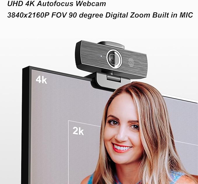 4K UHD Webcam 8MP Auto Focus USB Camera with Built - in Microphone 30 FPS 90 Degree Wide Angle - Privacy Protective Cover Noise Reduction Ideal for Streaming and Video Calls