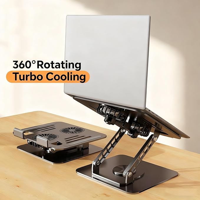 Selbst Laptop Stand for Desk with Quiet Cooling Fans - 360 Rotating Base Ergonomic Computer Stand Aluminum Laptop Riser Foldable Protable for Office Home fits MacBook Air Pro Dell HP (10-17.3'')