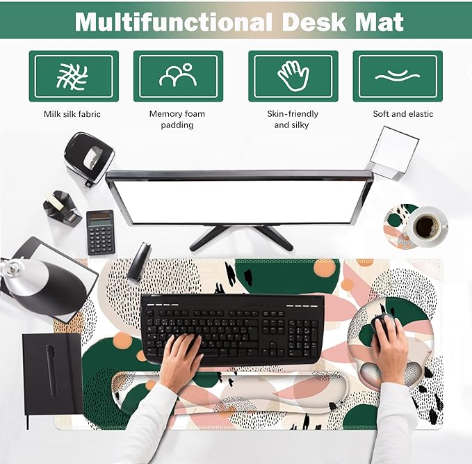 ARTSO Desk Mat Large Gaming Mouse Pad Wrist Support Set Ergonomic Keyboard Wrist Rest Desk Pad with Coaster Combo Extended Mousepad with Non-Slip for Home Office Abstract Point