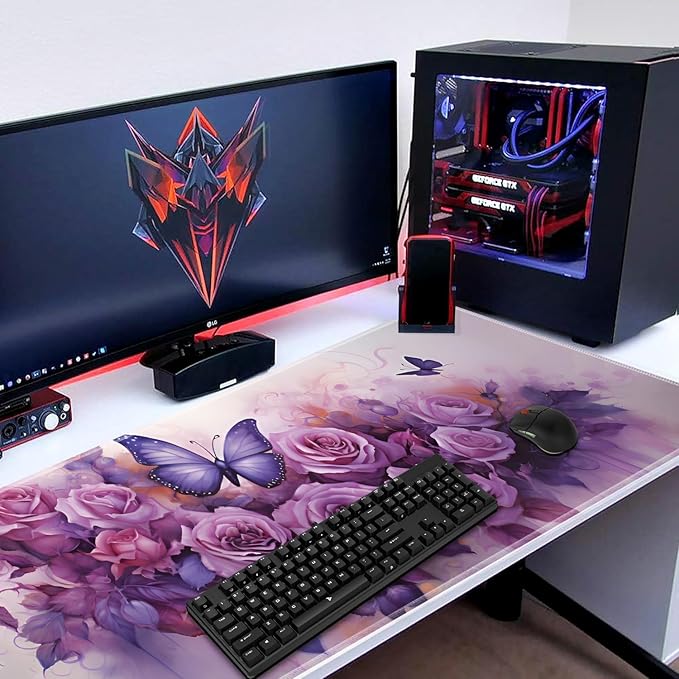 3-in-1 Large Mouse Pad Gaming Set (31.5 x 11.8 inch)+ Wrist Rest Pad + Coaster Memory Foam Gel Wrist Rest Pad for Pain Relief Stitched Edges Non-Slip Table Mat Purple Roses and Butterflies