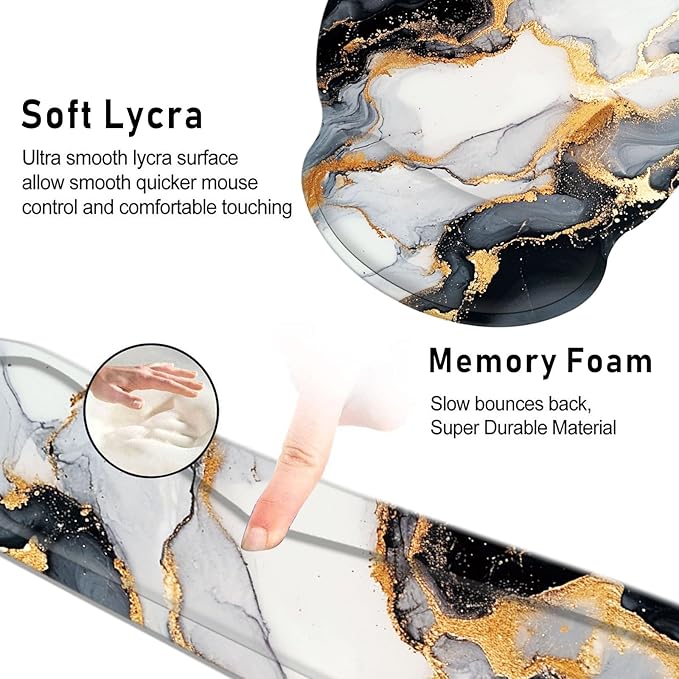 Keyboard Wrist Rest and Mouse Pad Wrist Support Set with CoastersNon-Slip PU Base Ergonomic Gaming Mousepad for Home Office Working Studying Easy Typing &amp Pain ReliefBlack Gold Marble