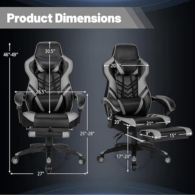 Goplus Gaming Chair Computer Chair with Footrest and Lumbar Support Height Adjustable Executive Swivel Rolling Task Chair with 90°-155° Tilt Function (Grey)