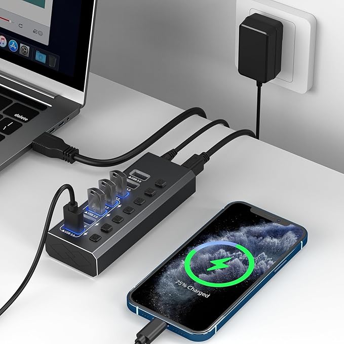 Powered USB Hub 3.0 GKEAPZA 7-Port USB 3.0 Hub [Durable Aluminum] 7 Data Transfer Ports+ 4 Smart Charging Ports with Individual On/Off Switches USB Hub 3.0 Powered with Power Adapter for Laptop PC